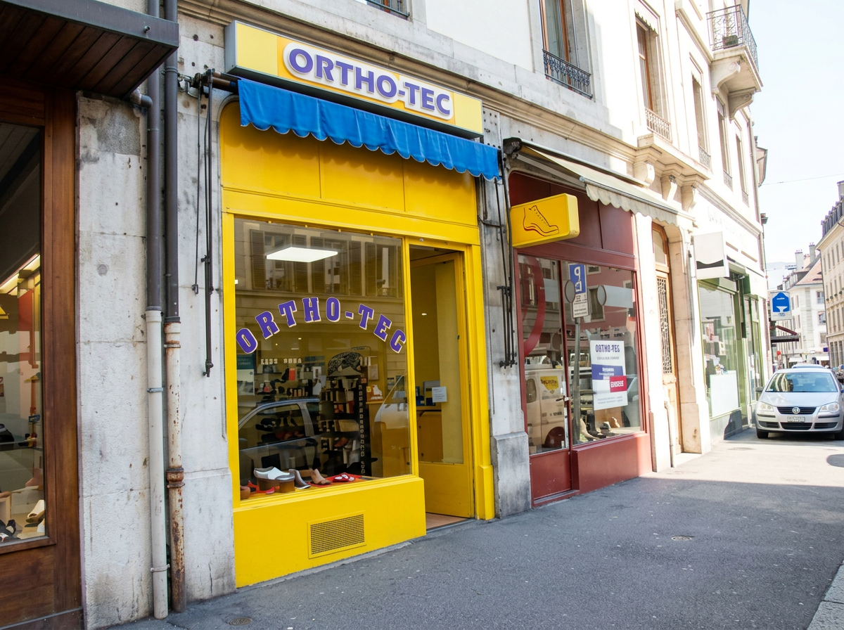 Vitrine jaune d'Ortho-Tec à Genève filmée pour Léman Bleu